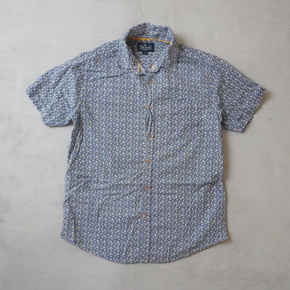 Nat Nast Luxury Originals Mens Large Blue Yellow Floral Short Sleeve Shirt